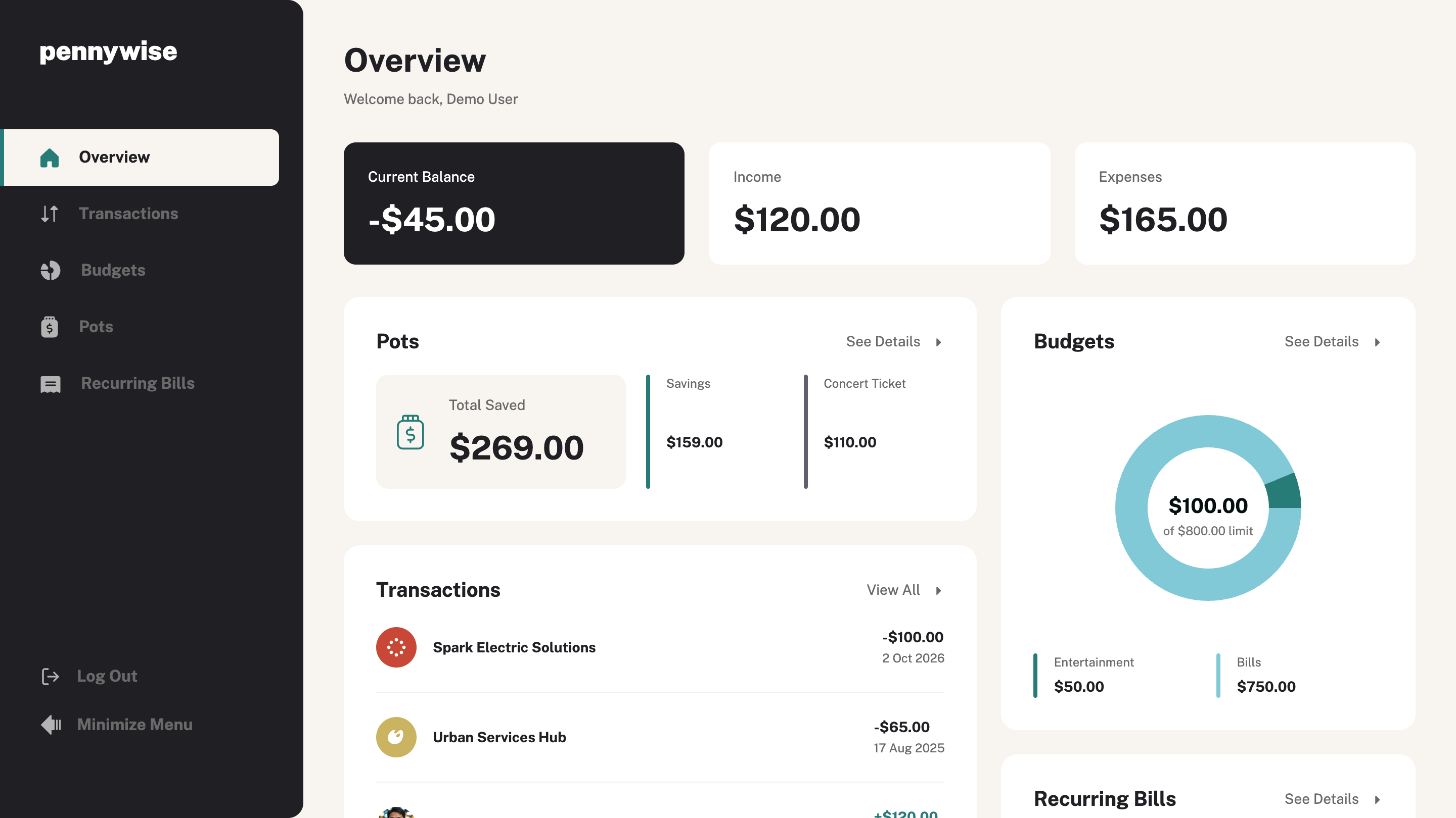 Pennywise overview: current balance, income and expenses, savings pots, a budgets donut chart and recent transactions.